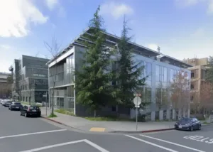 2 story building on a corner with pine tree